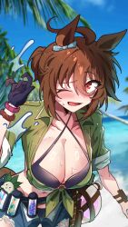  agnes_tachyon_(lunatic_lab)_(umamusume) agnes_tachyon_(umamusume) ahoge animal_ears bikini black_bikini black_gloves blue_shorts blue_sky breasts brown_hair cleavage cowboy_shot criss-cross_halter ear_ornament female gloves green_jacket groin hair_between_eyes halterneck highres horse_ears horse_girl horse_tail huge_ahoge jacket kii-kun_(agnes_tachyon)_(umamusume) layer_(layer_illust) micro_shorts midriff navel official_alternate_costume official_alternate_hairstyle open_clothes open_fly open_shorts outdoors ponytail red_eyes short_ponytail shorts single_glove sky smile solo swimsuit tail test_tube tied_jacket torn_clothes torn_shorts umamusume 