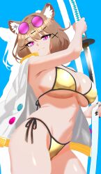  absurdres alternate_costume animal_ear_fluff animal_ears arknights arm_up bikini blue_background breasts brown_hair coat cowboy_shot drop_shadow eyewear_on_head female gold_bikini groin hair_ornament highres holding holding_scabbard holding_sword holding_weapon large_breasts looking_at_viewer micro_bikini navel open_clothes open_coat purple_eyes sgt_syunkai2_(myyards) shiny_skin shiny_swimsuit short_hair side-tie_bikini_bottom smile solo sunglasses swimsuit sword underboob utage_(arknights) weapon white_coat x_hair_ornament 