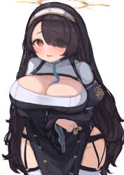  absurdres black_coif black_dress black_hair blue_archive blue_necktie blush breasts brown_eyes cleavage crossed_arms dress female groin hair_over_one_eye halo highres hinata_(blue_archive) large_breasts long_hair looking_at_viewer messy_hair necktie nun open_mouth pelvic_curtain solo teruriu thighhighs very_long_hair white_thighhighs yellow_halo 