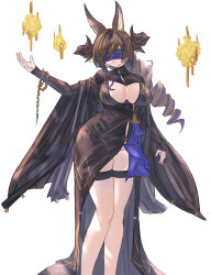  absurdres animal_ears black_dress blue_blindfold blue_hair breasts brown_dress brown_hair chain_bracelet chains cleavage cleavage_cutout closed_mouth clothing_cutout dress drill_hair extra_ears female fox_ears galleon_(granblue_fantasy) galleon_(life&#039;s_compassionate_observer)_(granblue_fantasy) granblue_fantasy groin hair_between_eyes highres horns large_breasts long_hair long_sleeves mou_pl multicolored_hair pointy_ears solo streaked_hair thigh_strap thighs 