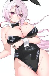  absurdres animal_ears bare_shoulders black_bow black_bowtie black_leotard blush bow bowtie breasts cleavage collarbone detached_collar fanged_bangs female groin hair_between_eyes hair_ribbon highres large_breasts leotard long_hair looking_at_viewer nijisanji open_mouth pink_eyes pink_hair pink_ribbon playboy_bunny rabbit_ears ribbon shiina_yuika simple_background solo thighs tillots virtual_youtuber white_background 