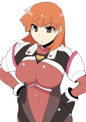  bad_link black_gloves bodysuit breasts brown_eyes covered_navel female gloves hands_on_own_hips highres kasumi_(pokemon) light_frown looking_at_viewer mecha_pilot_suit medium_breasts medium_hair orange_hair pokemon rice_grg simple_background solo standing white_background 