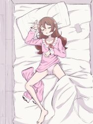 barefoot bed bottomless breasts brown_hair comic_lo delicious_party_precure female groin highres miyao385 pajamas panties precure sakura_uta_(precure) sleeping small_breasts solo thighs underwear 