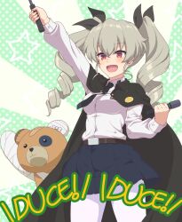  absurdres ada_badguy anchovy_(girls_und_panzer) anzio_school_uniform boko_(girls_und_panzer) breasts cape drill_hair earrings female girls_und_panzer green_hair hair_ribbon highres jewelry large_breasts long_hair microphone miniskirt open_mouth pantyhose red_eyes ribbon riding_crop school_uniform simple_background skirt smile solo twin_drills twintails white_pantyhose 