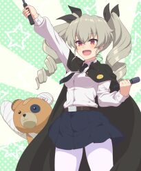  absurdres ada_badguy anchovy_(girls_und_panzer) anzio_school_uniform boko_(girls_und_panzer) breasts cape drill_hair earrings female girls_und_panzer green_hair hair_ribbon highres jewelry large_breasts long_hair microphone miniskirt open_mouth pantyhose red_eyes ribbon riding_crop school_uniform simple_background skirt smile solo twin_drills twintails white_pantyhose 