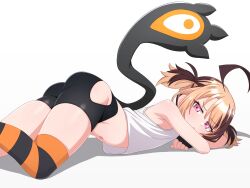  absurdres ahoge alternate_costume arm_rest ass bare_shoulders bike_shorts black_gloves black_shorts black_tail black_thighhighs blonde_hair brown_hair closed_mouth cowboy_shot crossed_arms female fingerless_gloves from_side gigi_murin gloves groin highres hip_vent hololive hololive_english huge_ahoge light_blush light_frown looking_at_viewer lying midriff mingkozus multicolored_hair navel on_stomach orange_thighhighs pink_eyes shadow shirt short_hair short_twintails shorts sidelocks simple_background single_thighhigh sleeveless sleeveless_shirt solo stomach striped_clothes striped_thighhighs tail tank_top thighhighs tight_clothes turning_head twintails two-tone_hair two-tone_thighhighs white_background white_shirt 