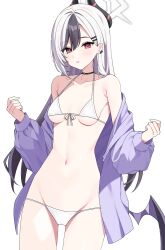  bikini black_choker black_hair black_horns black_wings blue_archive breasts choker collarbone commentary_request demon_horns ear_piercing female grey_hair groin hair_ornament hairclip halo highres horns jacket kayoko_(blue_archive) long_hair long_sleeves looking_at_viewer mole mole_on_shoulder navel off_shoulder parted_lips piercing purple_jacket red_eyes simple_background single_wing small_breasts solo standing stomach swept_bangs swimsuit ugai0524 white_background white_bikini wings 