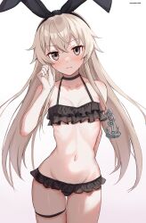  alternate_costume anchor_hair_ornament bikini bikini_skirt black_hairband blonde_hair commentary_request female frilled_bikini frills gradient_background grey_eyes groin hair_ornament hairband highres kantai_collection long_hair lowleg lowleg_bikini mizuki_(uzuki_no_sato) navel parted_hair shimakaze_(kancolle) simple_background solo swimsuit thigh_gap white_background 