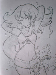  arms_behind_head bansyo31 cowboy_shot electricity female graphite_(medium) greyscale kid_icarus kid_icarus_uprising midriff monochrome navel one_eye_closed phosphora scarf solo sweatdrop traditional_media 