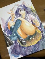  animal_ears black_shoes eae40 female highres loafers looking_at_viewer necktie orange_skirt painting_(medium) panties purple_hair rabbit_ears rabbit_tail red_eyes red_necktie reisen_udongein_inaba shirt shoes skirt smile socks solo tail touhou traditional_media underwear v watercolor_(medium) white_panties white_shirt 