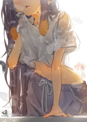  absurdres blush chocosong eyes_out_of_frame female gradient_hair groin hakos_baelz head_out_of_frame highres hololive hololive_english long_hair multicolored_hair multiple_girls navel ninomae_ina&#039;nis oerba_yun_fang open_mouth orange_hair pants pointy_ears purple_hair shirt sidelocks signature sweat sweatpants t-shirt very_long_hair virtual_youtuber water white_shirt 