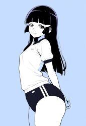  aoki_reika aquaberrymarine blue_theme blush breasts buruma female gym_shirt gym_uniform hair_tubes highres long_hair looking_at_viewer monochrome precure shirt short_sleeves smile smile_precure solo 