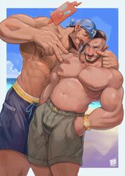  2boys archie_(pokemon) bandana beach bulge chairman_rose gumball/benoitxie human male male_only muscles muscular muscular_male outdoors outside peace_sign pokemon pokemon_oras pokemon_ss selfie swimwear 