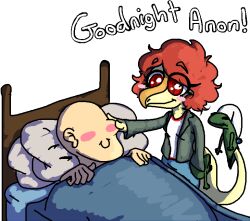  alpha_channel anon_(snoot_game) anthro bald bed blush blush_stickers cavemanon_studios clothed clothing dinosaur duo english_text faustanon featureless_face female furniture hair hand_puppet human male mammal multicolored_body prehistoric_species puppet red_eyes red_hair reptile scalie schizo_chan_(snoot_game) simple_background sleeping_cap snoot_game text transparent_background two_tone_body yellow_body 