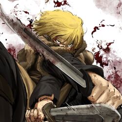  1boy black_eyes blonde_hair blood blood_on_face blood_on_hands blood_on_weapon dagger dual_wielding fur_trim highres holding holding_dagger holding_knife holding_weapon incoming_attack knife layered_sleeves long_sleeves looking_at_viewer male_focus mythallica reverse_grip short_hair short_over_long_sleeves short_sleeves solo thorfinn v-shaped_eyebrows viking vinland_saga weapon 