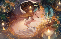  1boy blue_hair candle flower gold_osmanthus green_eyes heterochromia highres jade_leech looking_at_viewer male_focus mitsunari_miyako open_clothes open_shirt partially_submerged sharp_teeth shirt short_hair solo teeth twisted_wonderland upper_body water wet wet_clothes wet_shirt yellow_eyes 