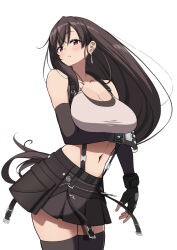  arm_under_breasts black_skirt black_thighhighs blush breasts brown_eyes brown_hair buckle cleavage collarbone commentary_request cowboy_shot crop_top cropped_shirt elbow_gloves female final_fantasy final_fantasy_vii final_fantasy_vii_remake fingerless_gloves gloves hair_behind_ear half-closed_eyes hand_on_own_arm head_tilt highres kojirou! large_breasts long_hair looking_at_viewer low-tied_long_hair materia midriff navel parted_lips pleated_skirt simple_background skindentation skirt sleeveless solo sports_bra suspender_skirt suspenders suspenders_gap swept_bangs tank_top teardrop_earrings thighhighs thighs tifa_lockhart white_background zettai_ryouiki 