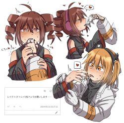  2girls ^^^ a.i._voice adachi_rei ahoge bare_shoulders black_shirt blush coat detached_sleeves drill_hair finger_in_another&#039;s_mouth glove_in_mouth gloves hairband hato_no_mune_wo_momitai headphones heart joints kasane_teto licking licking_finger mouth_hold mouth_pull multiple_girls multiple_views odaibako one_side_up open_mouth orange_eyes orange_hair red_eyes red_hair robot_joints shirt sleeveless sleeveless_shirt spoken_heart sweat tearing_up tongue tongue_out twin_drills upper_body utau white_coat white_gloves 