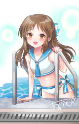  arukapismillust bikini blue_neckerchief blue_sailor_collar bow brown_eyes brown_hair commentary_request cowboy_shot female hairbow half_updo idolmaster idolmaster_cinderella_girls idolmaster_cinderella_girls_u149 long_hair navel neckerchief pool_ladder poolside sailor_bikini sailor_collar sailor_swimsuit_(idolmaster) side-tie_bikini_bottom smile solo swimsuit tachibana_arisu two-tone_bow white_bikini 