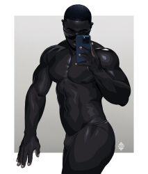  abs artist_logo bara black_eyes black_hair black_male_underwear border buzz_cut cellphone closed_mouth codyxxv cowboy_shot dark-skinned_male dark_skin holding holding_phone iphone light-skinned_palms looking_at_phone male_focus male_underwear muscular muscular_male navel nipples pectorals phone real_life short_hair smartphone sunglasses underwear underwear_only very_dark_skin very_short_hair white_border xelgot 