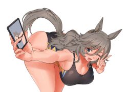  ;d animal_ears bent_over black_one-piece_swimsuit blue_eyes breasts cellphone ear_ornament earrings female fukuro_(maruaru00) grey_hair highres holding holding_phone horse_ears horse_girl horse_tail jewelry large_breasts one-piece_swimsuit one_eye_closed perry_steam_(umamusume) phone single_earring smartphone smile solo swimsuit tail thick_thighs thighs umamusume umamusume:_beginning_of_a_new_era v 