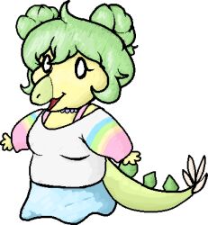  alpha_channel anthro choker clothed clothing dinosaur empty_eyes faustanon female goodbye_volcano_high green_hair hair hair_bun jewelry low_res necklace ornithischian prehistoric_species reptile scalie simple_background solo stegosaurian stegosaurus stella_(gvh) thyreophoran transparent_background yellow_body 