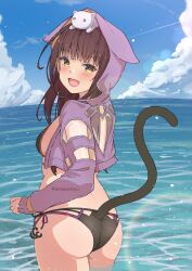  :d amayomiyu animal_ear_hood animal_on_head asakura_karen_(heaven_burns_red) ass bikini black_bikini blue_sky blunt_bangs blush breasts brown_hair cat_on_head cat_tail clenched_hand cloud commentary_request cowboy_shot day feline female from_behind half_updo happy heaven_burns_red hood hoodie long_hair looking_at_viewer looking_back ocean official_alternate_costume on_head open_clothes open_hoodie open_mouth outdoors purple_hoodie sky sleeves_past_wrists small_breasts smile solo straight_hair swimsuit tail tail_raised twitter_username wading white_cat yellow_eyes 