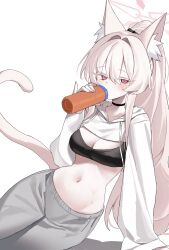  absurdres akira_(blue_archive) animal_ear_fluff animal_ears black_choker blue_archive blush bottle breasts cat_ears cat_girl cat_tail choker cleavage cropped_hoodie danbal drawstring drinking female grey_pants hair_between_eyes halo highres holding holding_bottle hood hoodie long_hair long_sleeves looking_at_viewer medium_breasts navel pants pink_hair pink_halo ponytail red_eyes solo stomach tail very_long_hair white_hoodie 