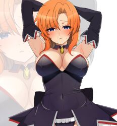  alternate_costume angel_mort armpits arms_behind_head arms_up bare_shoulders black_dress blue_eyes blush breasts breasts_apart commentary_request covered_navel cowboy_shot curvy detached_collar detached_sleeves dress enmaided eyelashes eyes_visible_through_hair female hair_over_shoulder highres higurashi_no_naku_koro_ni large_breasts looking_at_viewer maid medium_hair orange_hair parted_bangs parted_lips raised_eyebrows ryuuguu_rena simple_background solo straight-on straight_hair strapless strapless_dress sweat tsurime white_background yuno_ff zoom_layer 