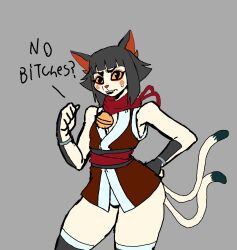  2024 2_tails absurd_res anthro bangs bell clothed clothed_anthro clothed_male clothing dialogue digital_drawing_(artwork) digital_media_(artwork) dipstick_tail domestic_cat english_text felid feline felis female femboy fingers fur grey_hair hair hand_on_hip hi_res legwear light_body light_fur male male_anthro mammal markings meme multi_tail niji_(palesnake) no_bitches? palesnake portrait red_nose scarf simple_background solo tail tail_markings text thigh_highs three-quarter_portrait unfinished yellow_sclera 