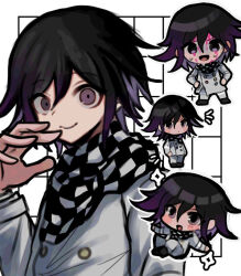  1boy :d black_hair blood checkered_clothes checkered_neckerchief chibi danganronpa_(series) danganronpa_v3:_killing_harmony hair_between_eyes hand_up ikemen&#039;na_ore-shi jacket long_sleeves looking_at_viewer male_focus multiple_views neckerchief oma_kokichi open_mouth pink_blood purple_hair short_hair smile 