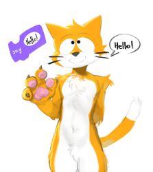  anthro felid feline fur hi_res kogito male mammal orange_body orange_fur paws scratch_(application) scratch_cat simple_background solo speech_bubble tagme white_background 