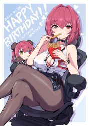  2girls absurdres bare_arms bare_shoulders black_choker black_pantyhose black_skirt bob_cut breasts button_gap chair chibi chilidog_(lumchan777) choker collared_shirt crossed_legs dated dual_persona earrings eating feet_out_of_frame female food french_fries hair_intakes happy_birthday heterochromia high-waist_skirt highres holding holding_food hololive houshou_kumarine houshou_marine houshou_marine_(businesswoman) id_card jewelry lanyard large_breasts looking_at_viewer miniskirt multiple_girls no_bra office_chair official_alternate_costume official_alternate_hair_length official_alternate_hairstyle on_chair pantyhose partially_unbuttoned red_eyes red_hair shirt side_slit sitting skirt sleeveless sleeveless_shirt swivel_chair underbust virtual_youtuber watch white_shirt wristwatch yellow_eyes 