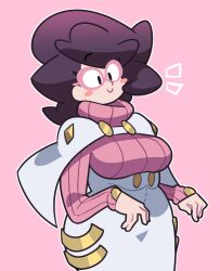  big_hair breasts buttons capelet english_commentary female glasses high-waist_skirt highres large_breasts long_sleeves loveycloud medium_skirt pencil_skirt pink-framed_eyewear pink_sweater pokemon pokemon_sm purple_hair ribbed_sweater short_hair skirt solo sweater sweater_guard turtleneck turtleneck_sweater white_capelet white_skirt wicke_(pokemon) 