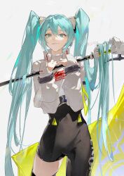  aqua_eyes aqua_hair black_bodysuit bodysuit female flag flagpole goodsmile_racing hair_between_eyes hatsune_miku highres holding holding_pole jacket lirisy long_hair long_sleeves looking_at_viewer pole racing_miku racing_miku_(2022) simple_background single_thighhigh smile solo text_print thighhighs twintails twitter_username very_long_hair vocaloid white_background white_jacket 