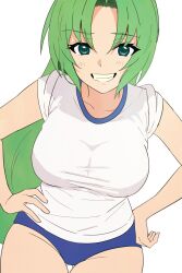  :d ass_visible_through_thighs bare_arms blue_buruma breasts buruma cowboy_shot eyelashes female green_eyes green_hair grin gym_uniform hands_on_own_hips highres higurashi_no_naku_koro_ni large_breasts light_blush long_hair looking_at_viewer naughty_face parted_bangs ponytail shirt short_sleeves simple_background sleeves_rolled_up smile solo sonozaki_mion thigh_gap tsurime very_long_hair white_background white_shirt yuno_ff 