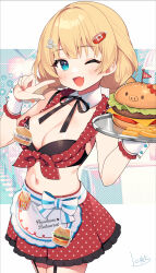  :d absurdres akai_haato akai_haato_(7th_costume) apron black_ribbon blonde_hair blue_eyes blush braid breasts burger cleavage cleavage_cutout clothing_cutout commentary_request cowboy_shot female finger_to_own_chin food food-themed_hair_ornament french_fries garter_straps hair_ornament highres holding holding_tray hololive large_breasts long_hair navel neck_ribbon nyasunyadoora oerba_yun_fang one_eye_closed ribbon skin_fang smile solo spoon_hair_ornament stomach tray twin_braids virtual_youtuber waist_apron white_background wrist_cuffs 