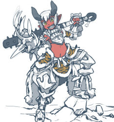  :d armor armored_boots boots breastplate breasts claw_(weapon) club_(weapon) colored_skin commentary_request fangs gauntlets grey_tongue holding holding_club holding_weapon horns kamukamu6392 leg_up limited_palette looking_at_viewer navel oni original pauldrons red_horns red_skin rock short_hair shoulder_armor sidelocks simple_background small_breasts smile spiked_club standing stomach tiger_skin weapon weapon_across_shoulders white_background white_hair yellow_eyes 