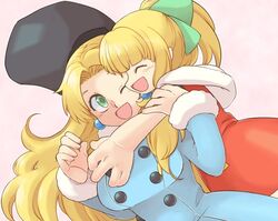  2girls blonde_hair blunt_bangs blush bow breasts buttons closed_eyes coat commentary_request earrings fur_hat fur_trim glomp green_eyes hairbow happy hat hood hood_down hug jewelry kalinka_cossack_(mega_man) large_breasts long_hair mega_man_(classic) mega_man_(series) multiple_girls one_eye_closed open_mouth ponytail rockman_xover roll_(mega_man) smile tobitori 