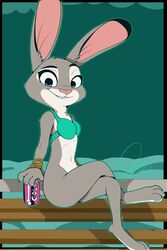  2:3 absurd_res amazinggwen anthro beverage bikini bottomless clothed clothing cola crossed_legs digital_media_(artwork) disney female hi_res judy_hopps lagomorph leporid looking_at_viewer mammal rabbit soda solo swimwear zootopia 