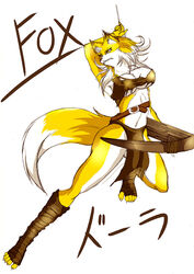  5_fingers 5_toes ankle_wraps anthro baldric belt black_body black_fur bottomwear breasts brown_clothing brown_topwear canid canine cleavage clothed clothing crossbow dipstick_ears dipstick_tail dora_systeel ear_markings ear_tuft english_text feda:_the_emblem_of_justice feet female fingers fox front_view full-length_portrait fur inner_ear_fluff japanese_text leg_wraps loincloth mammal markings multicolored_ears multicolored_tail pelvic_curtain portrait ranged_weapon s.wolf simple_background skimpy solo tail tail_markings text toes topwear torn_clothing tuft under_boob weapon white_background white_body white_fur wraps yellow_body yellow_eyes yellow_fur 