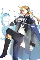  1boy ahoge bad_link black_footwear black_pants blonde_hair blue_eyes boots cassiel gloves hair_between_eyes hair_ornament image_sample knee_boots long_hair long_sleeves looking_at_viewer male_focus naver_sample official_art pants ponytail soccer_spirits solo standing transparent_background tuuuh white_gloves 