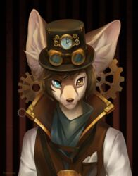  2019 absurd_res alternative_fashion anthro brown_hair brown_nose canid canine clothed clothing digital_media_(artwork) fox hair heterochromia hi_res looking_at_viewer male mammal poofroom solo steampunk 