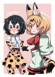  2girls animal_ears backpack bad_id bad_twitter_id bag bare_shoulders black_eyes black_gloves black_hair black_pantyhose blonde_hair blush bow bowtie brown_eyes commentary cosplay costume_switch cropped_legs elbow_gloves extra_ears fur_collar gloves hair_between_eyes hands_on_own_chest high-waist_skirt highres kaban_(kemono_friends) kaban_(kemono_friends)_(cosplay) kemono_friends multiple_girls nekonyan_(inaba31415) nose_blush open_mouth orange_bow orange_bowtie pantyhose pantyhose_under_shorts pink_background print_bow print_bowtie print_gloves print_skirt print_thighhighs red_shirt serval_(kemono_friends) serval_(kemono_friends)_(cosplay) serval_print shirt short_hair shorts simple_background skirt sleeveless sleeveless_shirt striped_tail tail thighhighs traditional_bowtie translation_request triangle_mouth two-tone_bowtie white_bow white_bowtie white_shirt 