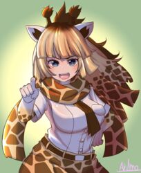  animal_humanoid animal_print arumo belt biped blonde_hair blush bottomwear breasts brown_clothing brown_hair brown_horn brown_spots clothed clothing digital_drawing_(artwork) digital_media_(artwork) dress_shirt eyebrow_through_hair eyebrows female front_view gesture giraffe_humanoid giraffe_print giraffid giraffid_humanoid gradient_background grey_eyes hair half-length_portrait hand_gesture hand_on_hip hi_res horn humanoid humanoid_hands inner_ear_fluff kemono_friends legwear light_body light_skin long_hair looking_at_viewer mammal mammal_humanoid mane multicolored_hair necktie open_mouth open_smile ossicone pattern_clothing pink_tongue pointing pointing_at_viewer portrait reticulated_giraffe_(kemono_friends) scarf shirt simple_background skirt smile soft_focus solo spots spotted_clothing standing tan_body tan_skin tights tongue topwear translucent translucent_hair tuft warm_colors white_background white_clothing white_hair yellow_clothing yellow_theme 