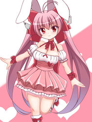  animal_ears antenna_hair bare_shoulders breasts cleavage closed_mouth commentary_request detached_sleeves di_gi_charat dice_hair_ornament female gradient_hair hair_ornament hair_ribbon heart heart_background highres large_breasts leg_up legs_together long_hair looking_at_viewer multicolored_hair neck_ribbon pink_background pink_footwear pink_hair pink_skirt pleated_skirt puffy_short_sleeves puffy_sleeves purple_hair rabbit_ears red_eyes red_ribbon ribbon short_sleeves sidelocks skirt smile socks solo standing standing_on_one_leg tareme thigh_gap thighs two-tone_background underbust usada_hikaru very_long_hair white_background white_skirt white_socks wrist_ribbon zetsuei_(zetto) 