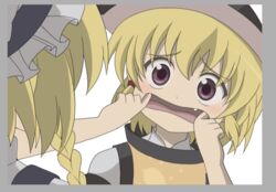  2girls bad_id bad_twitter_id black_headwear blonde_hair blush border braid commentary_request grey_border hair_between_eyes head_tilt higurashi_no_naku_koro_ni kirisame_marisa looking_at_viewer matara_okina mouth_pull multiple_girls oerba_yun_fang open_mouth portrait purple_eyes sameya shirt short_hair simple_background tabard touhou white_background white_shirt 