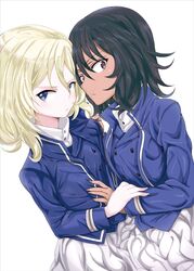  2girls andou_(girls_und_panzer) arm_grab bc_freedom_military_uniform black_hair blonde_hair blue_eyes blue_jacket blue_vest brown_eyes closed_mouth clothes_grab commentary dark-skinned_female dark_skin dress_shirt dutch_angle frown girls_und_panzer glaring high_collar jacket long_sleeves looking_at_viewer medium_hair messy_hair military military_uniform multiple_girls oshida_(girls_und_panzer) pleated_skirt shibagami shirt simple_background skirt standing uniform vest white_background white_shirt white_skirt yuri 