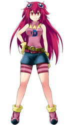  bare_shoulders belt blue_skirt breasts closed_mouth commentary_request digimon digimon_story:_lost_evolution female full_body gloves hair_between_eyes hair_ornament hand_on_own_hip kizuna_(digimon) legs_apart long_hair looking_at_viewer medium_breasts miniskirt n36hoko pink_footwear pink_hair pink_shirt pink_skirt red_eyes shirt simple_background skirt sleeveless sleeveless_shirt smile solo standing striped very_long_hair white_background yellow_belt yellow_gloves 