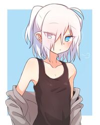  bare_shoulders blue_eyes blush female female hair_over_one_eye higashi_shino original pointy_ears ponytail slit_pupils solo white_hair 